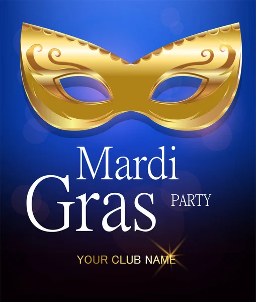 Mardi Gras maschera di carnevale d'oro con ornamenti per poster, biglietto di auguri, invito alla festa, striscione o volantino su un bellissimo sfondo blu. EPS10. Illustrazione vettoriale . — Vettoriale Stock