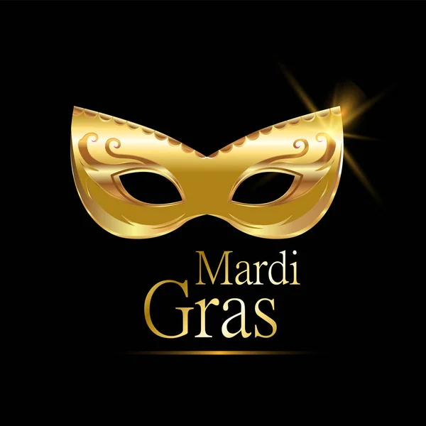 Mardi Gras Altın Karnaval maskesi poster, tebrik kartı, yeni yıl eğlencesi daveti, afiş veya siyah arka plan üzerine el ilanı için süslemeli. Eps10. Vektör çizim. — Stok Vektör