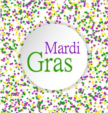 Daire Merkezi renkli kelimelerle beyaz arka plan üzerinde renkli nokta Mardi Gras soyut desen yaptı. Sarı, yeşil ve mor konfeti karnaval zemin, tasarım öğesi için. Vektör çizim
