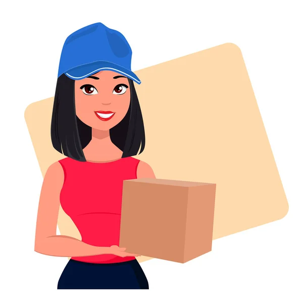 Joven chica de dibujos animados de los servicios de mensajería de entrega celebración de caja de cartón grande. Embalaje para la entrega de las mercancías, mujer joven y bonita. Ilustración vectorial — Vector de stock