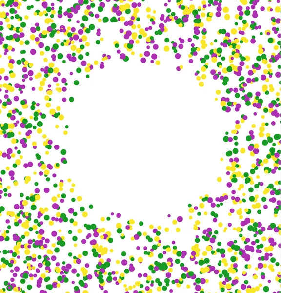Mardi Gras abstraktes Muster aus farbigen Punkten auf weißem Hintergrund mit einem leeren Kreis in der Mitte. Gelbes, grünes und lila Konfetti für Karnevalskulisse, Gestaltungselement. Vektorillustration. — Stockvektor