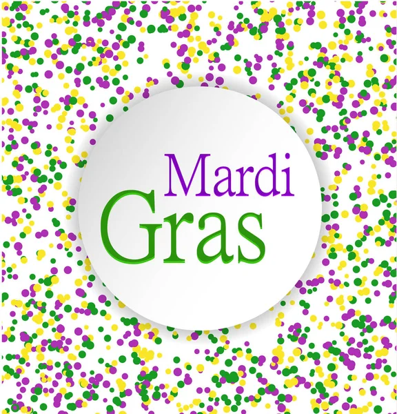 Mardi Gras motivo astratto fatto di punti colorati su sfondo bianco con parole colorate in cerchio al centro. coriandoli gialli, verdi e viola per lo sfondo di carnevale, elemento di design. Illustrazione vettoriale — Vettoriale Stock