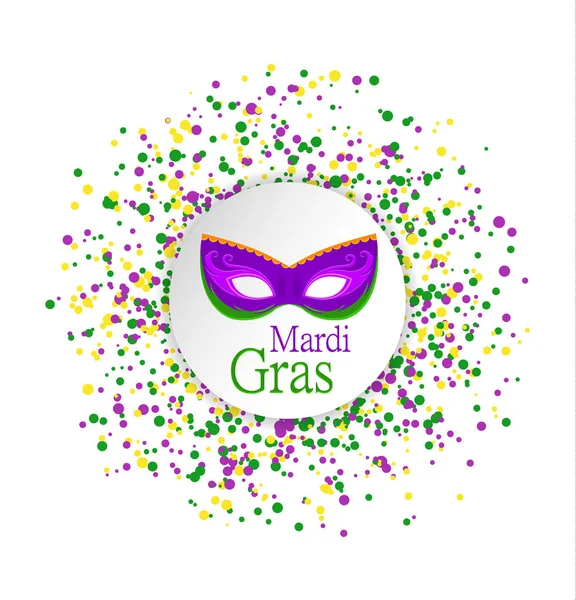 Motivo astratto Mardi Gras realizzato con punti colorati su sfondo bianco con maschera colorata in cerchio al centro.Confetti gialli, verdi e viola per lo sfondo del carnevale, elemento di design. Illustrazione vettoriale — Vettoriale Stock