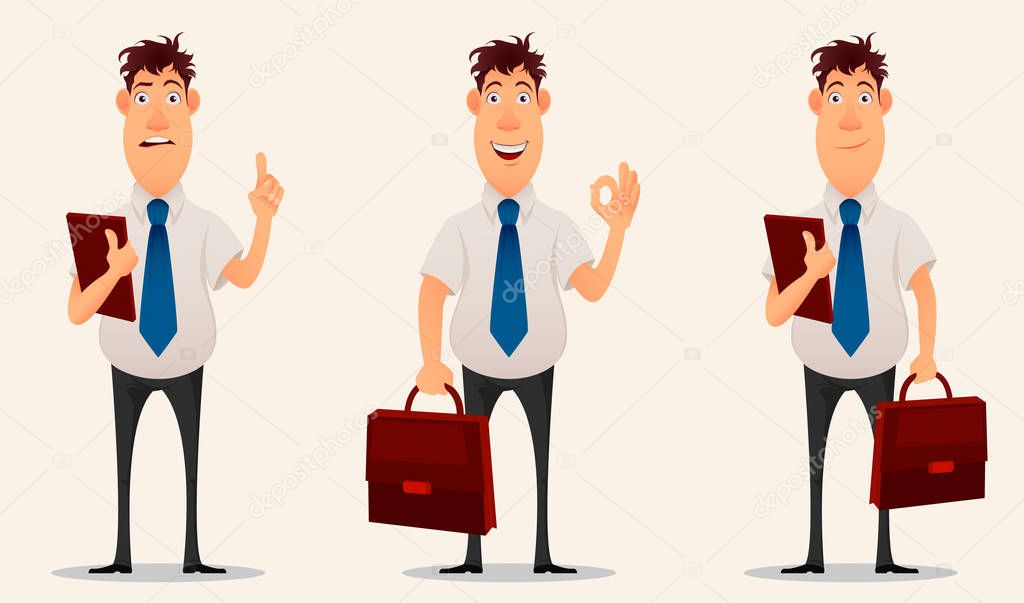 Businessman, office worker. Cartoon character. Set of three poses of creative young man. Cute design. Flat style. Vector illustration.