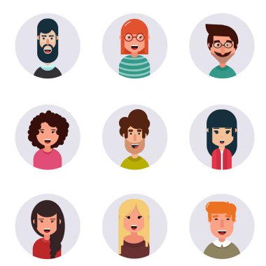 Avatarlar. Farklı insan yüzlerini. Vektör çizim. Basit tasarım.