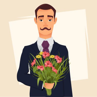 Yakışıklı beyefendi elbiseli bıyıklı kır çiçekleri, buket tutarak onun sevgili ile çıkıyor. Vektör çizim Sevgililer günü, 8 Mart, poster, baskı vb.