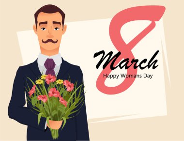 8 Mart tebrik kartı. Kadınlar Günü tebrik kartı. Yakışıklı beyefendi elbiseli bıyıklı kır çiçekleri, buket tutarak onun sevgili ile çıkıyor. Vektör çizim