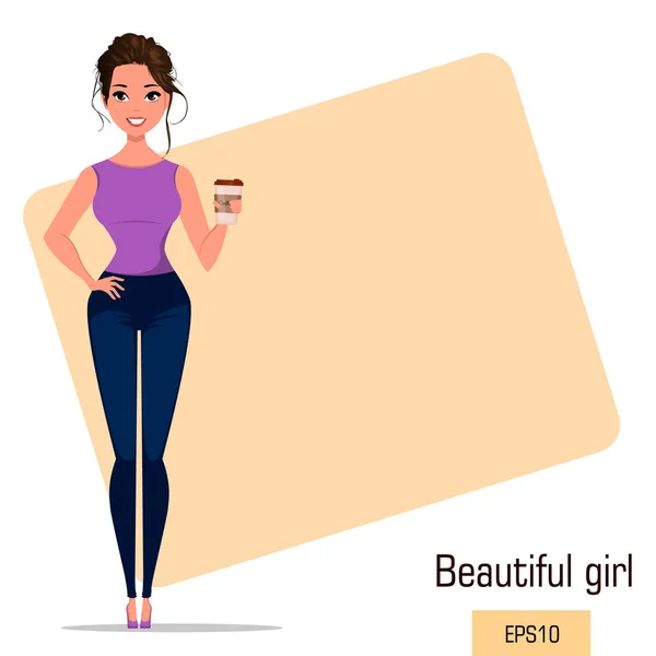 Młody kreskówka bizneswoman z ładna fryzura trzyma kawę, noszenia sukni wolna. Piękna dziewczyna po odpoczynku podczas przerwy na kawę. Modne nowoczesne lady. Ilustracja wektorowa. Eps10 — Wektor stockowy