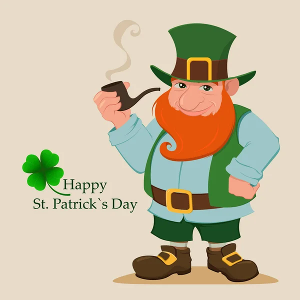 Leprechaun feliz dos desenhos animados. Personagem com chapéu verde, barba vermelha, cachimbo de fumo e trevo de quatro folhas. Ilustração moderna vetorial no Dia de São Patrício . —  Vetores de Stock