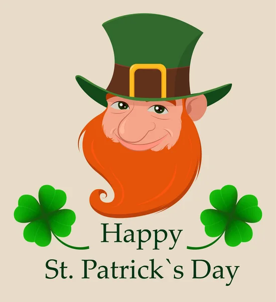 Saint Patrick's Day gratulationskort. Chef för cartoon happy leprechaun. Karaktär med grön hatt, rött skägg och fyra blad klöver. Moderna vektorillustration på — Stock vektor