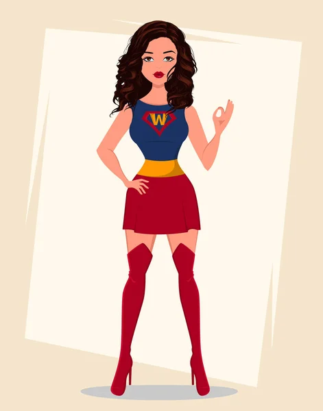 Superhero woman in costume showing OK gesture. She can do everything. Beautiful girl, cartoon character. Vector illustration — Stock Vector