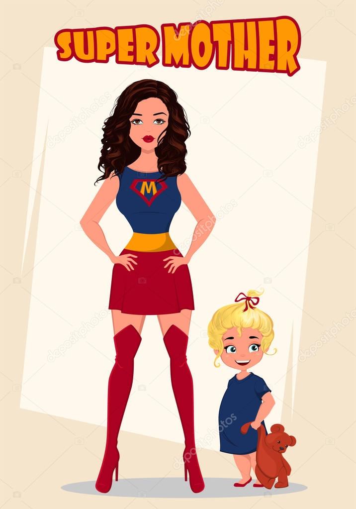 Super mother standing with her little baby girl. Superhero woman in costume. Cartoon cute characters. Vector illustration.
