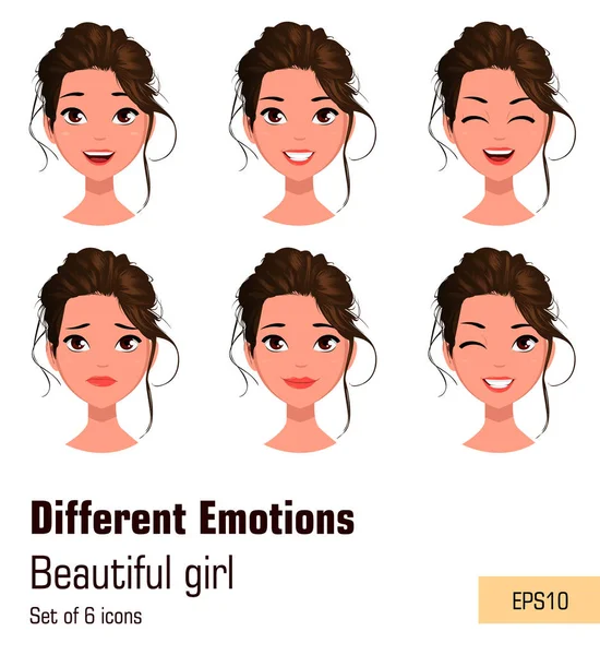 Vrouw met ander gezicht expressies. Aantrekkelijk meisje met verschillende emoties. Schattig zakenvrouw. Set van zes vectorillustraties. — Stockvector