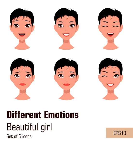 Mujer con diferentes expresiones faciales. Joven chica atractiva con varias emociones, pelo corto. Linda mujer de negocios. Conjunto de seis ilustraciones vectoriales . — Archivo Imágenes Vectoriales