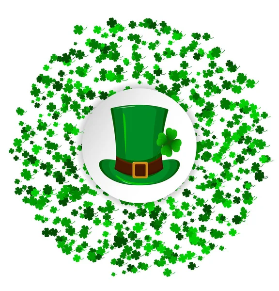 St. Patrick's Day gratulationskort. Cirkel gjord av fyra blad klöver och grön hatt i mitten. Vektorillustration — Stock vektor