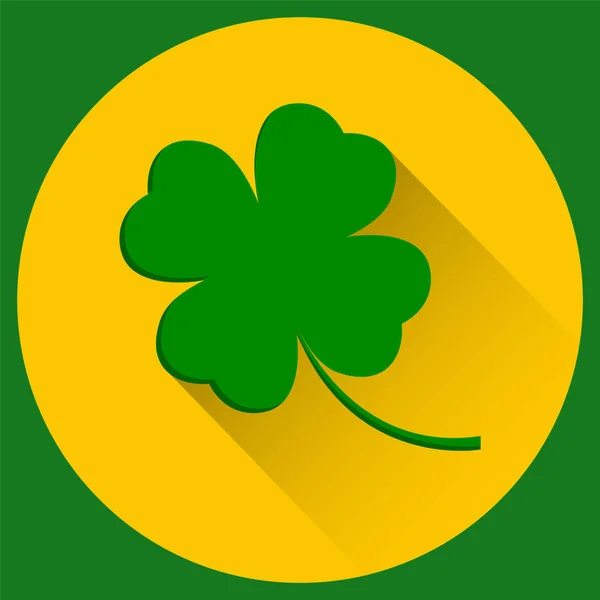 Trébol de cuatro hojas, día de San Patricio. Icono verde en estilo plano con sombra larga. Fondo verde y amarillo. Diseño simple. Ilustración vectorial — Vector de stock