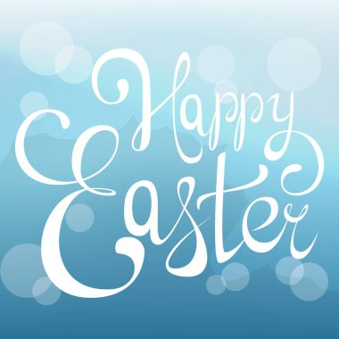 Mutlu Paskalya el yapımı yazı. Tebrik kartı veya poster tatil için. Soyut el yazısı hat üzerinde hafif açık mavi renkli. Bahar renkleri. Vektör çizim.