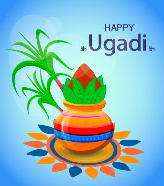 Happy Ugadi and Gudi Padwa Hindu New Year. Greeting card for holiday. Colored pot with coconut. Modern vector illustration clipart