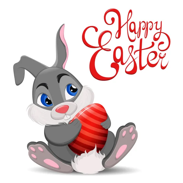 Coniglio pasquale grigio seduto e con l'uovo in mano. Carino cartone animato Easter Bunny personaggio con scritte disegnate a mano. Illustrazione vettoriale stock — Vettoriale Stock