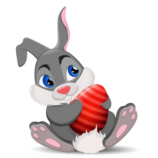 Gray Easter Rabbit sitting and holding egg. Cute cartoon Easter Bunny character. Stock vector illustration — Stock Vector
