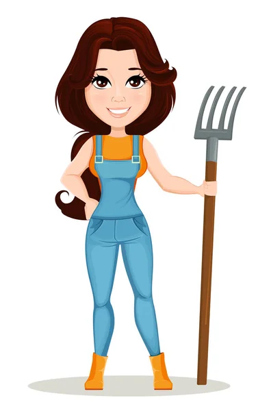 Çiftçi kız iş tulum giymiş. Sevimli çizgi karakter holding çatal. Animasyon, tasarım öğesi olarak ve herhangi bir çiftlik ilgili proje için kullanılabilir. Katmanlar üzerinde sökülmüş. Vektör — Stok Vektör
