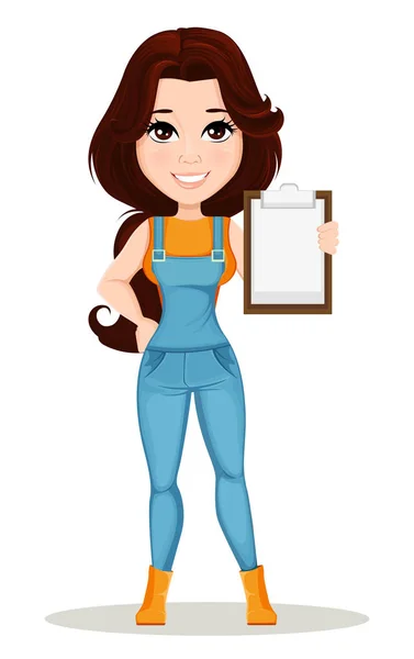 Gadis petani berpakaian jumpsuit. Karakter kartun lucu memegang clipboard. Dapat digunakan untuk animasi, sebagai elemen desain dan dalam proyek terkait pertanian. Dibongkar di atas lapisan. Vektor - Stok Vektor