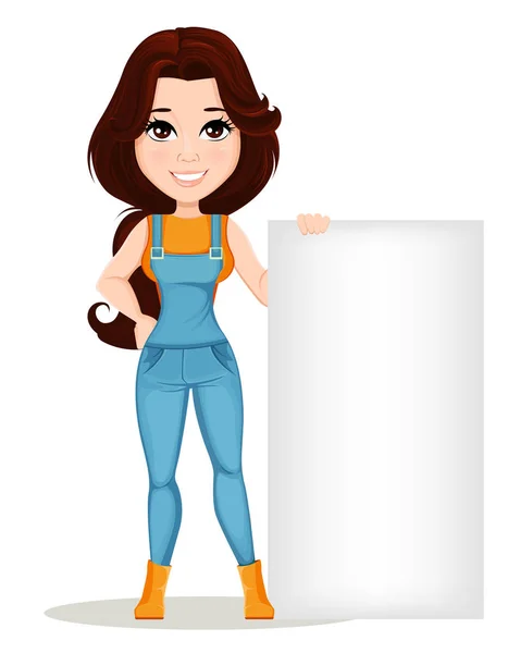 Menina agricultor vestida de macacão de trabalho. Personagem de desenho animado bonito em pé perto de grande banner em branco. Usável para animação, como elemento de design e em qualquer projeto relacionado a fazenda. Desmontada sobre as camadas. Vetor — Vetor de Stock