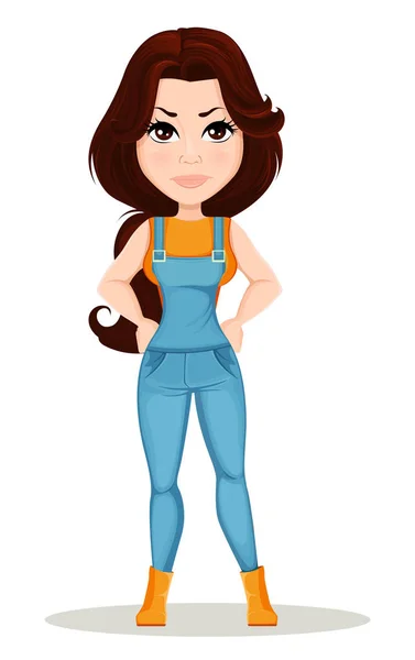 Menina agricultor vestida de macacão de trabalho. Personagem de desenho animado bonito mostrando raiva. Usável para animação, como elemento de design e em qualquer projeto relacionado a fazenda. Desmontada sobre as camadas. Vetor — Vetor de Stock