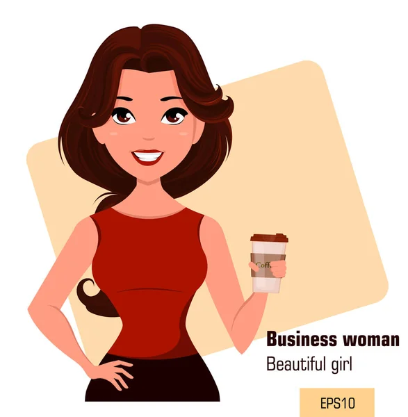 Junge Zeichentrickunternehmerin in Bürokleidung, die beim Kaffee in der Kaffeepause steht. schöne brünette Mädchen. modische moderne Dame. Vektorillustration. eps10 — Stockvektor