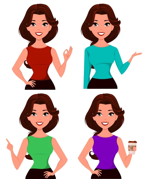 Young cartoon businesswoman dressed in office clothes showing different gestures. Beautiful brunette girl. Set. Fashionable modern lady. Vector illustration. EPS10 — Stock Vector