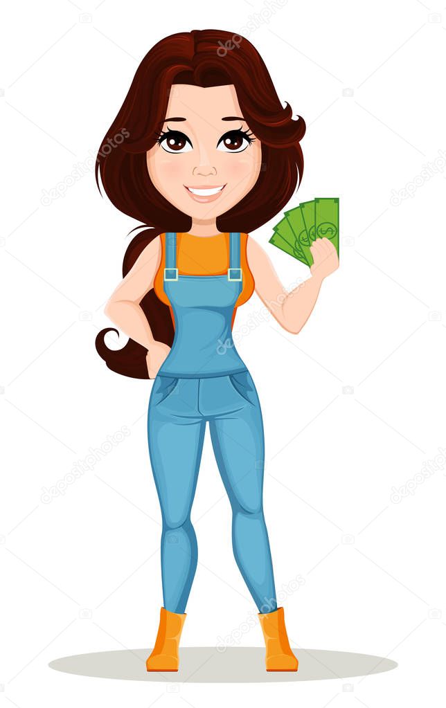 Farmer girl dressed in work jumpsuit. Cute cartoon character holding money. Can be used for animation, as design element and in any farm related project. Dismantled over the layers. Vector