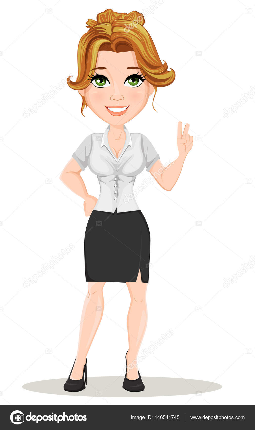 Young cartoon businesswomen. Beautiful smiling girl in working situation.  Fashionable modern lady showing peace sign. Vector illustration. EPS10  Stock Vector Image by ©VectorKIF #146541745