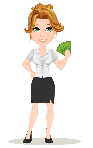 Young cartoon businesswomen. Beautiful smiling girl in working situation. Fashionable modern lady holding money. Vector illustration. EPS10 — Stock Vector
