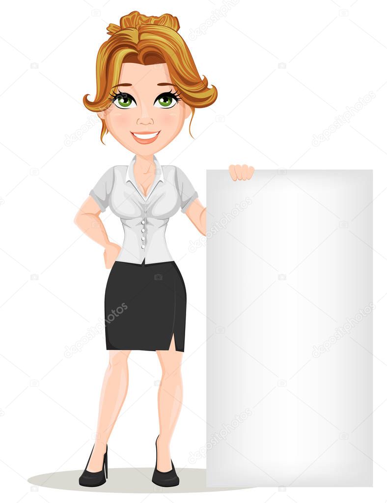 Young cartoon businesswomen. Beautiful smiling girl in working situation. Fashionable modern lady standing near big blank banner. Vector illustration. EPS10