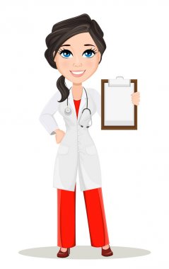 Doktor kadın stetoskop ile. Sevimli çizgi doktor karakter tıbbi elbise boş Pano tutan gülümseyerek. Vektör çizim. Eps10