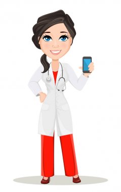 Doktor kadın stetoskop ile. Sevimli çizgi doktor karakter tıbbi elbise smartphone tutan gülümseyerek. Vektör çizim. Eps10