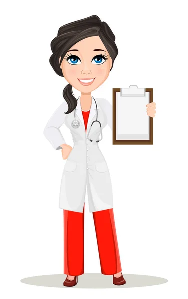 Doctora con estetoscopio. Lindo personaje médico caricatura sonriente en vestido médico sosteniendo portapapeles en blanco. Ilustración vectorial. EPS10 — Vector de stock