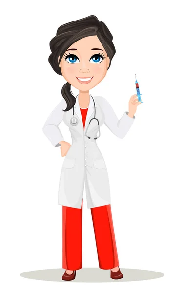 Doctora con estetoscopio. Lindo personaje médico caricatura sonriente en vestido médico que sostiene la jeringa con la vacuna. Ilustración vectorial. EPS10 — Archivo Imágenes Vectoriales