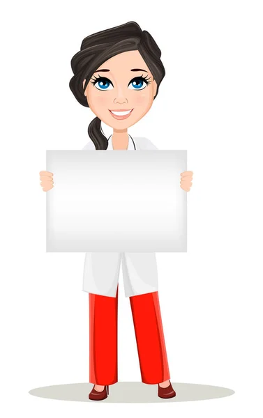 Lindo personaje médico caricatura sonriente en vestido médico sosteniendo banner en blanco que anuncia algo. Doctora con estetoscopio. Ilustración vectorial. EPS10 — Vector de stock