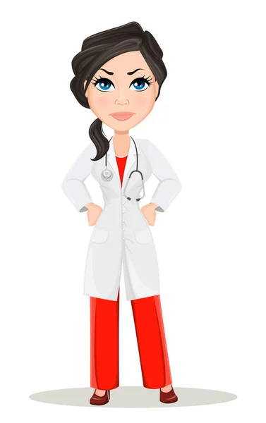 Doctora con estetoscopio. Lindo personaje médico de dibujos animados en vestido médico que muestra ira, insatisfecho. Ilustración vectorial. EPS10 — Vector de stock