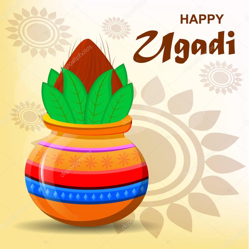 Happy Ugadi and Gudi Padwa Hindu New Year. Greeting card for holiday. Colored pot with coconut on abstract light background. Modern vector illustration