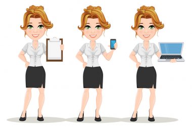 Genç karikatür mecaz. Ayarlayın. Çalışma durumlarda güzel gülümseyen kız. Şık modern Bayan boş Pano, holding smartphone ve holding dizüstü tutarak. Vektör çizim. Eps10