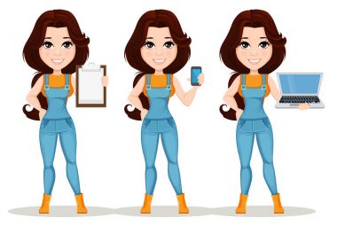 Çiftçi kız iş tulum giymiş. Ayarlayın. Sevimli çizgi film karakteri. Boş Pano, holding smartphone ve holding dizüstü tutan güzel çiftlik kızı. Vektör çizim. Eps10