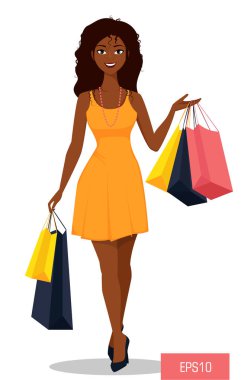 Çantalar güzel Afrikalı-Amerikalı kadın. Bir alışveriş çılgınlığı güzel sarı elbiseli çekici çizgi film kız. Vektör çizim