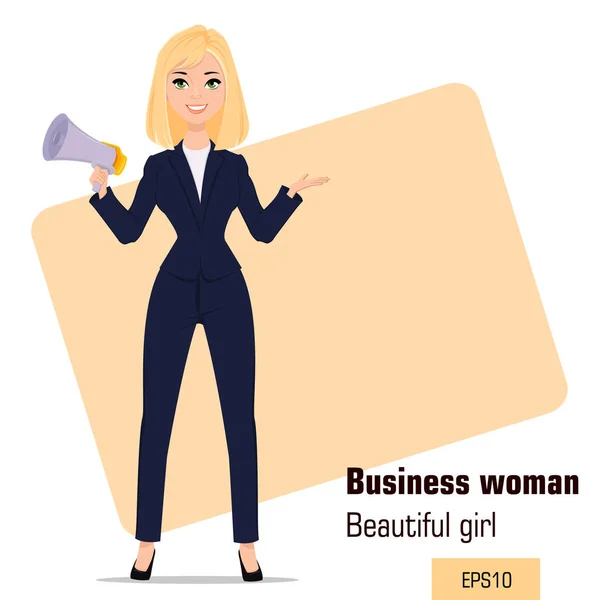 Young cartoon businesswoman standing. Beautiful blonde girl in office clothes holding mouthpiece. Fashionable modern lady. Vector illustration. EPS10 — Stock Vector