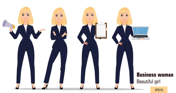 Young cartoon businesswoman set. Beautiful blonde girl in office clothes standing with crossed hands, holding mouthpiece, showing checklist and holding laptop. Fashionable modern lady. Vector. EPS10 — Stock Vector