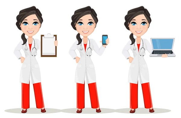Doktor kadın stetoskop ile. Ayarlayın. Sevimli çizgi doktor karakter tıbbi elbise smartphone, holding Pano ve holding dizüstü tutan gülümseyerek. Vektör çizim. Eps10