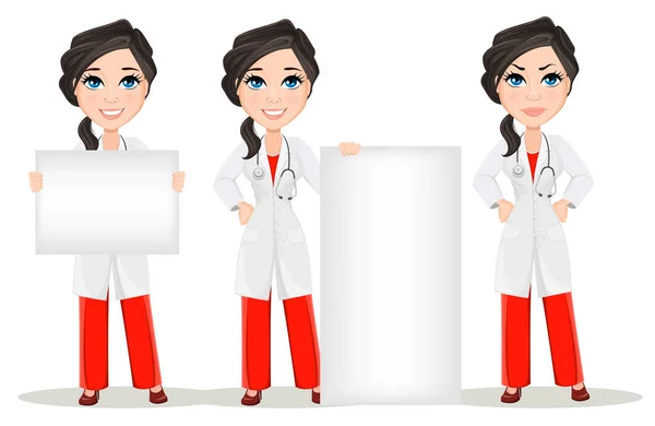 医生用听诊器的女人。设置。可爱的卡通微笑中医学礼服举行横幅，站在横幅附近和显示愤怒情绪，不满的医生字符。矢量图。Eps10 — 图库矢量图片