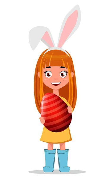 Happy Easter greeting card. Young smiling redhead girl wearing bunny ears and holding striped Easter egg. Cute cartoon character with bunny ears mask. Vector illustration — Stock Vector