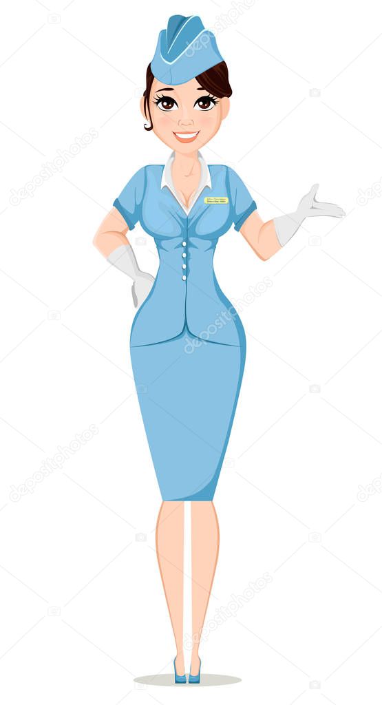 Stewardess in professional uniform. Cute smiling woman working as air hostess. Crew member of a civil aircraft. Cheerful cartoon character. Vector stock illustration.